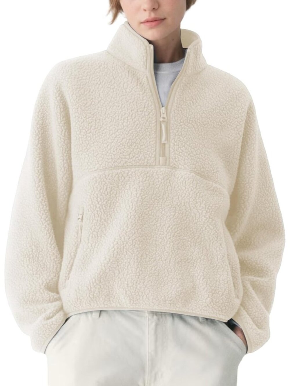 Women Beige 100% Polyester Mock-neck Fuzzy Sherpa Fleece Quarter Zip Sweatshirt - Picture 2 of 6